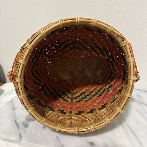 Antique Laotian gathering Woven Basket with Red and Black Pattern - Picture 6 of 16
